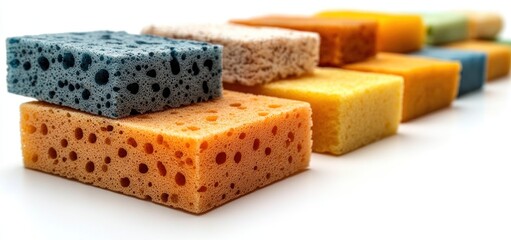 Colorful Sponges Arranged in a Row on White Background