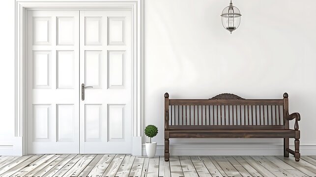 Tranquil interior scene featuring a wooden bench, double doors, and decorative accents