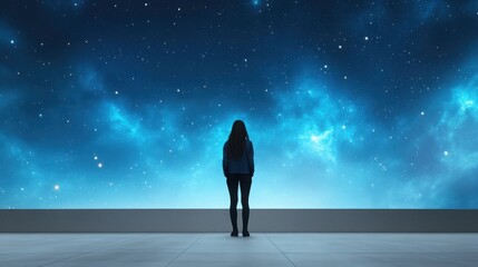 Fototapeta premium Female astrophysicist under a sky of neon constellations, standing on a rooftop observatory at night, cinematic noir mood