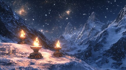 Winter mountain braziers night scene