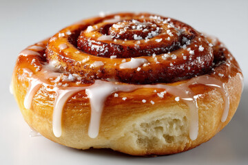 Delicious Swirl: A close-up shot of a freshly baked cinnamon roll, glistening with sweet icing, tempting and inviting with its warm, golden-brown layers and swirls.