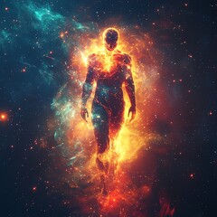 Fototapeta premium Fiery Human Figure in Cosmic Nebula Space Art
