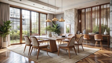 Obraz premium Modern Dining Room with Elegant Lighting and Natural Elements