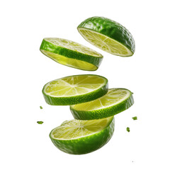 Fresh sliced desert lime fruit flying in air, showcasing vibrant green color and juicy texture against clean transparency background, creating refreshing and lively visual appeal
