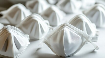 Close-Up Collection of White Face Masks on a Surface for Health and Safety Concepts
