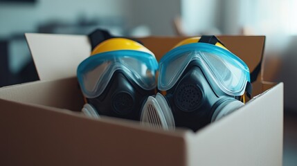 Two Protective Masks in a Cardboard Box Ready for Safety and Hazardous Situations