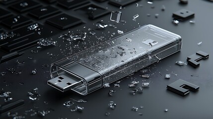 A shattered USB flash drive on a keyboard, illustrating data loss and technology failure