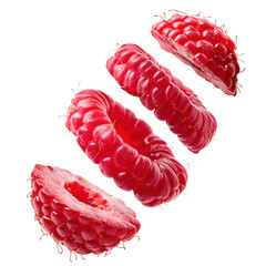 Fresh raspberry slices flying in air, showcasing their vibrant red color and unique texture against clean transparency background, creating lively and appetizing visual
