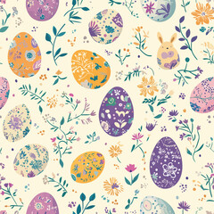 Seamless Easter pattern with pastel-colored eggs, bunnies, and spring flowers. Ideal for holiday designs, greeting cards, and festive decorations.