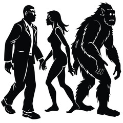 Epic Bigfoot Silhouette Vector Collection Featuring Forest, Mountain, and Mythical Cryptid Scenes in Minimalist Black Style