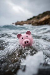 Piggy bank floating in rough sea symbolizing financial instability, economic uncertainty, and money management challenges during crisis