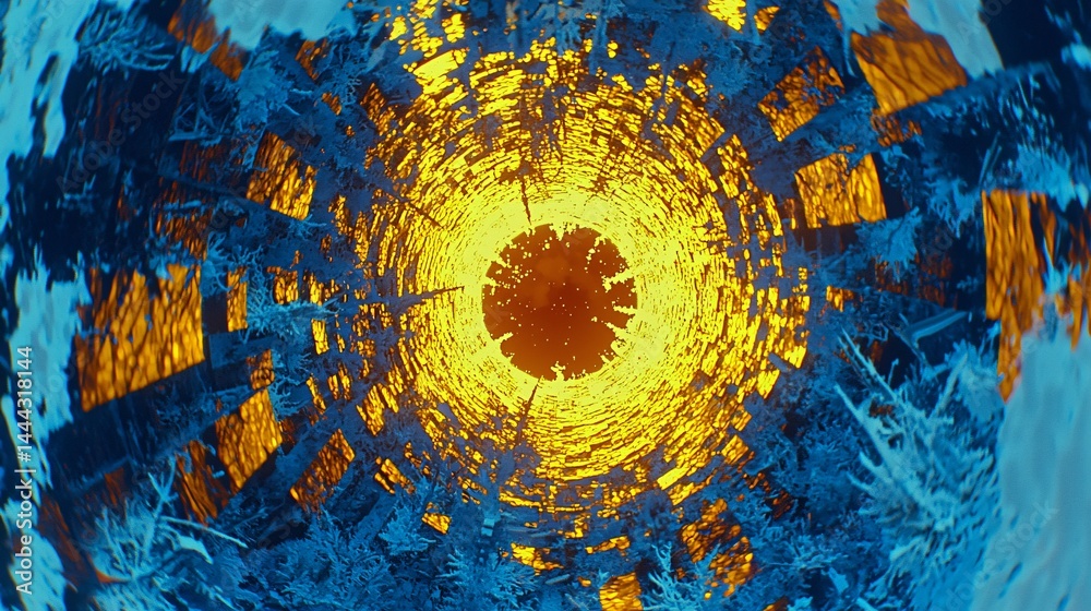 Wall mural cosmic circular object of yellow and blue surrounded by harsh lighting creating a dreamlike atmosphe