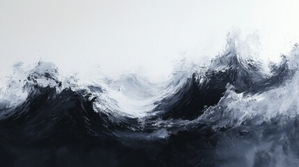 Abstract grayscale painting of powerful waves.