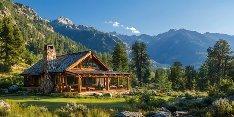 Fototapeta premium Mountain Cabin Retreat: A Serene Escape in the Majestic Mountains