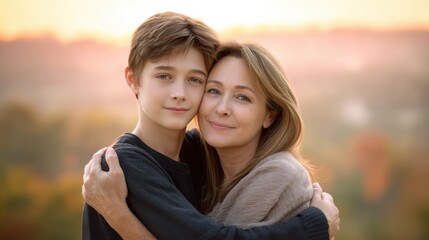 Fototapeta premium hyper-realistic portrait of a mother warmly hugging her teenage son at sunset, golden light casting a soft glow, focus on emotional 