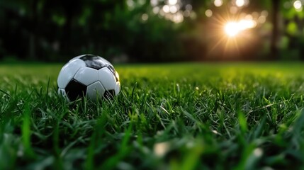 Obraz premium Soccer ball on a grassy field at sunset