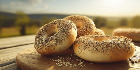 Fresh Seeded Bagels on Wooden Board Outdoors