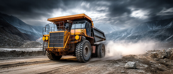 Heavy dump truck driving on a rugged road in a mountainous, industrial landscape.