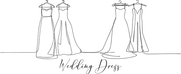 Elegant Bridal Gowns Wedding Dresses Continuous One Line Drawing In Editable Stroke Style On Isolated Background