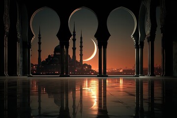 Under an obscured moon, a mosque represents Ramadan, Laylat al-Qadr, or any holy Islamic event, and there is plenty of room for writing. Generative Ai