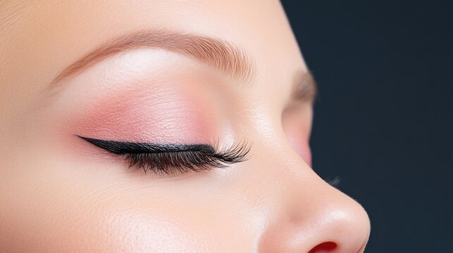 Close-up of a woman's eye makeup featuring pink eyeshadow, winged eyeliner, and false lashes