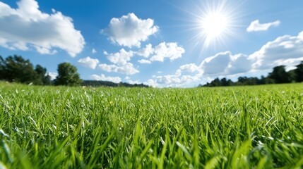 Obraz premium Lush green grass field under a bright, sunny sky