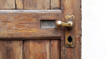 Fototapeta premium Carved wooden door with small window and brass latch, partially opened on white background.