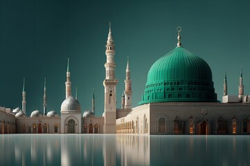 Obraz premium A poster featuring a mosque in the backdrop and a green dome. Islamic backdrop with the flag of Milad un Nabi. Generative Ai