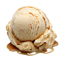 Delicious creamy vanilla ice cream scoop with smooth texture and caramel topping on white background perfect for dessert or summer treat