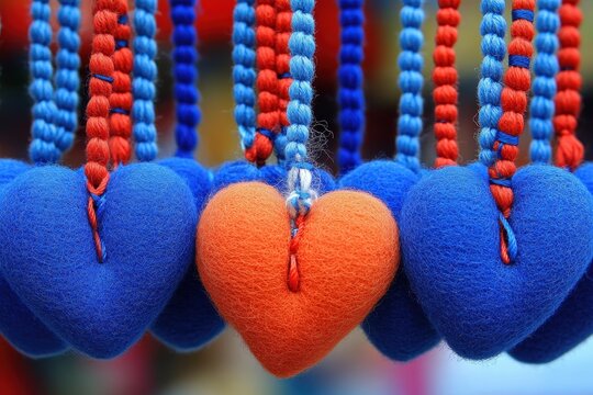 Handmade heart-shaped decorations in vibrant blue and orange, strung on colorful beaded cords
