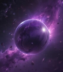 Obraz premium Ethereal orb glows, suspended in swirling purple nebula Cosmic dust dances around , energy, background