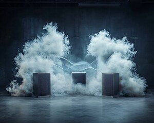 Dark, smoky, industrial scene with three cubes