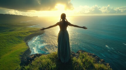 Woman standing on cliff overlooking ocean at sunset, arms outstretched in freedom