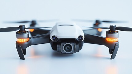 A sleek white drone with illuminated propellers positioned against a light background, showcasing its features
