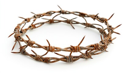 Fototapeta premium \Circular barbed wire with rusted sharp tips on white background.