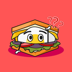 Cute sandwich cartoon showing egg puzzled face in flat comic style