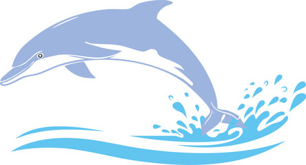 Fototapeta premium Vector Stylized Dolphin Illustration with Light Blue Silhouette Jumping Over Water and Splashing Waves