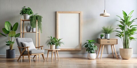 Sleek modern mockup poster frame blending seamlessly into a chic Scandinavian interior with natural wood accents and plenty of greenery, Minimalist style, Wood accents