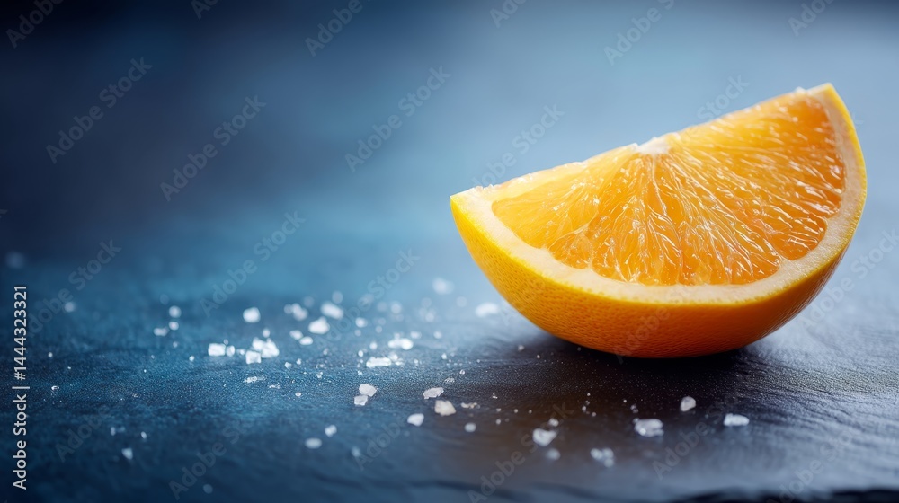 Poster Freshly sliced grapefruit segments glisten under natural light, creating an inviting contrast with the dark stone surface. Perfect for culinary inspiration