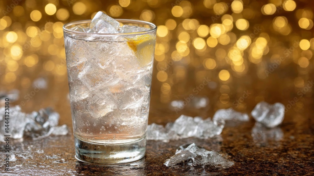 Poster a delicate glass filled with sparkling beverage is showcased against a soft golden light background,
