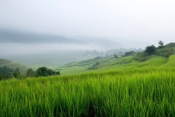 Obraz premium tranquil rice paddy field in vietnam enveloped in early morning mist showcases serene beauty of rural landscapes