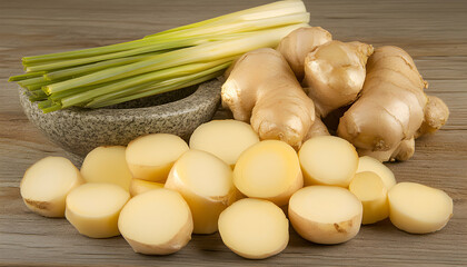 Fresh ginger root and lemongrass stalks, sliced ginger pieces on rustic wooden background.  Healthy ingredients, cooking, herbal medicine.