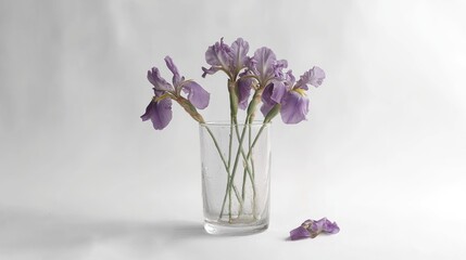 Clear glass vase with drooping purple irises on white background.