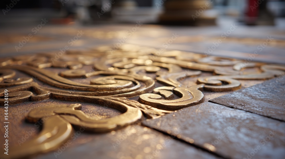 Aufkleber Close-up of a detailed embossed pattern with scrollwork and arabesque elements on a metallic surface reflecting light, providing ample space for text on the right