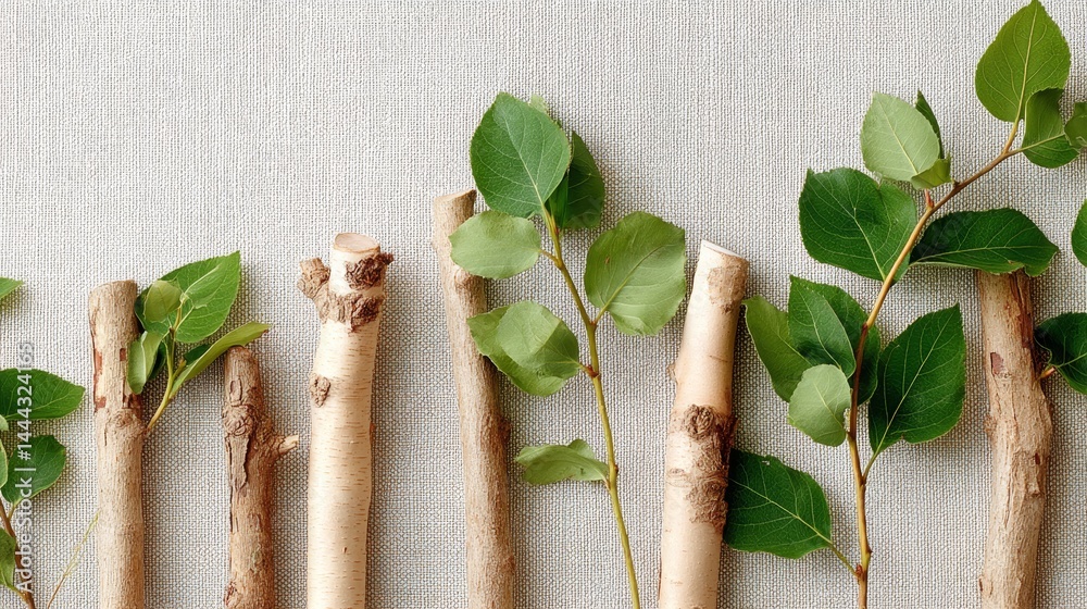 Fototapete Thin woody branches with knots and sparse green leaves are neatly arranged on a light canvas, creating an elegant composition with plenty of copy space