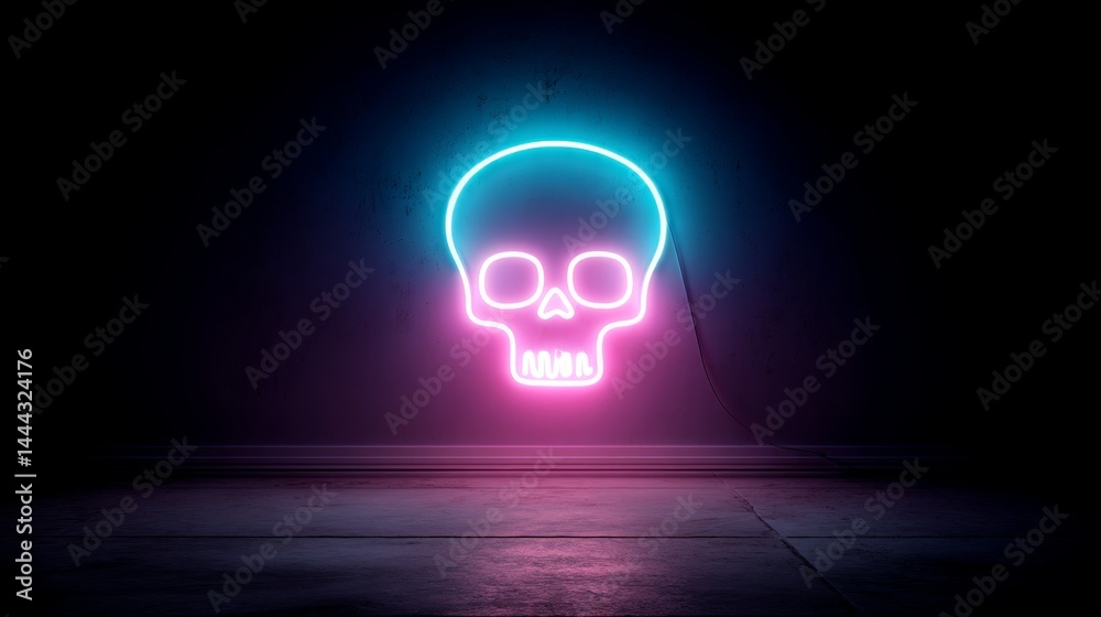 Poster neon skull glows in striking pink and blue hues, set in a dark environment. the design offers ample 