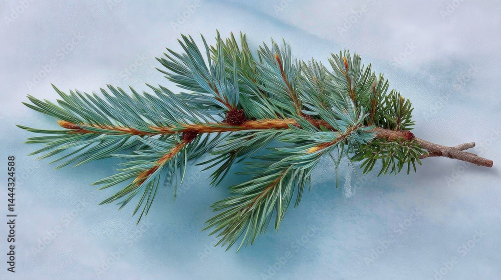 Poster close-up view of a frost-covered evergreen twig showcasing intricate needle details against a smooth