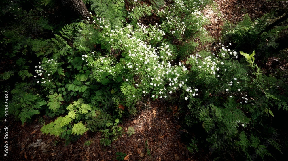 Aufkleber lush underbrush features tiny wildflowers and ferns intertwined on a shaded forest floor with ample 