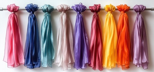 Naklejka premium Vibrant Collection of Silk Scarves Hanging on a Rod
