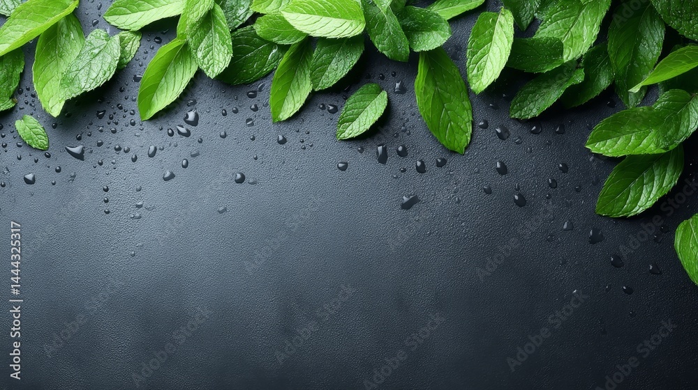 Poster close-up view of fresh mint leaves with dew droplets on a textured dark surface, emphasizing their l
